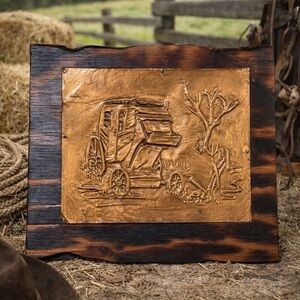 Vintage Copper Hammered Wood Mounted Stagecoach Handcrafted Plaque 11 x 9